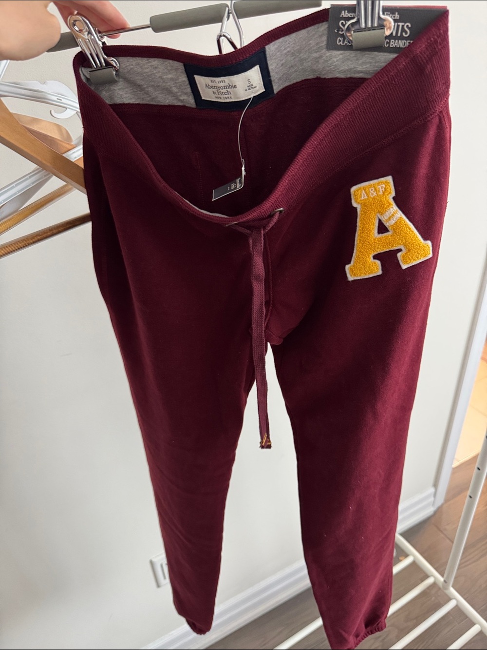 Abercrombie & Fitch Maroon Joggers with Yellow Letter Patch
